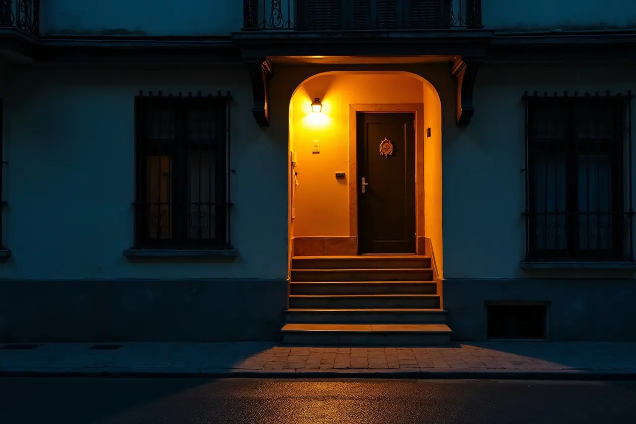 Gece aydınlatılmış bir apartman girişi ve kapalı kapı